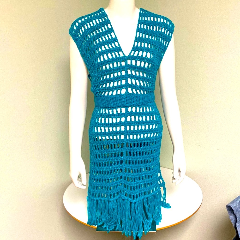 Handmade Crochet Teal Green Cover Up Tunic Blouse with Sash One Size Fits All